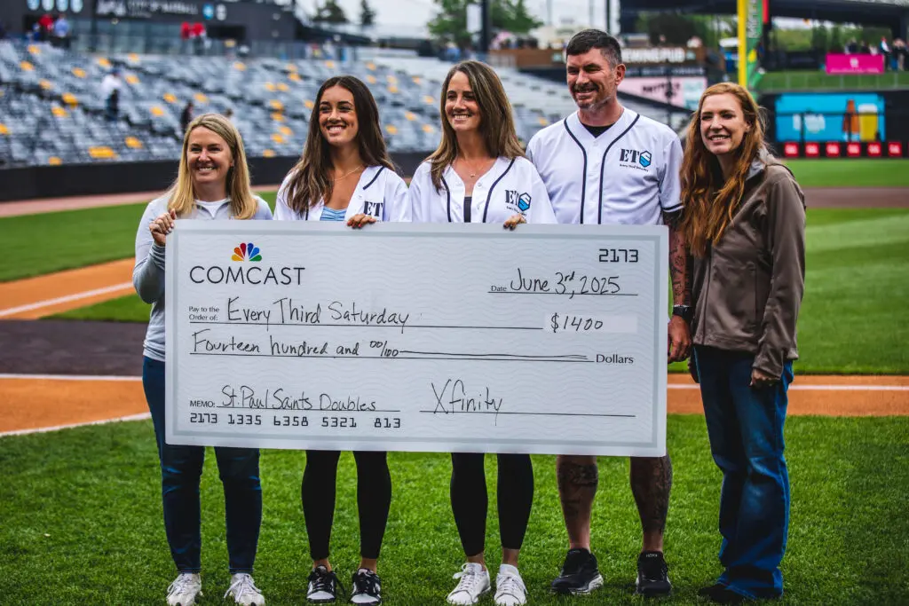 Five people holding a check