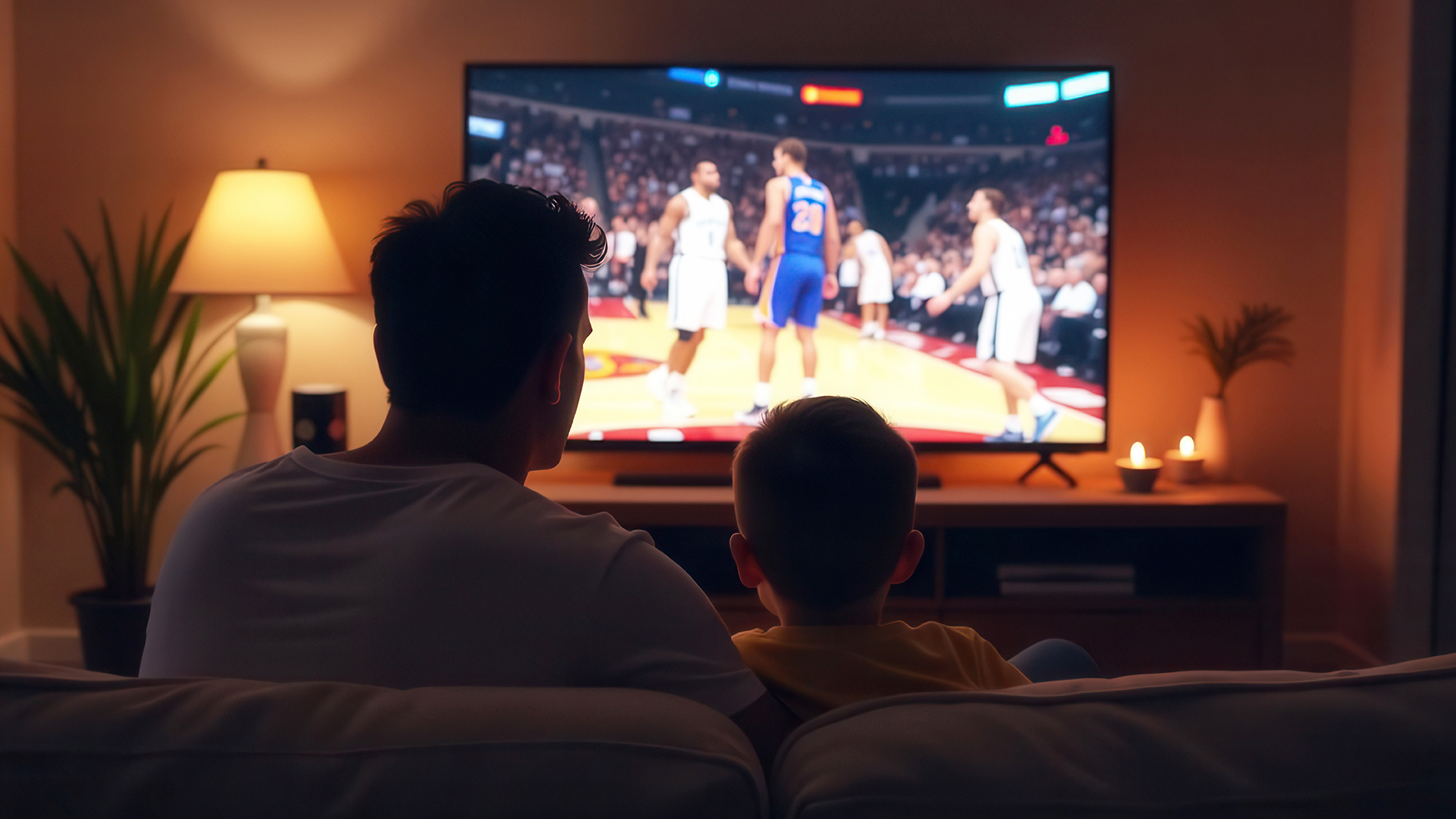 Dad and son watching basketball